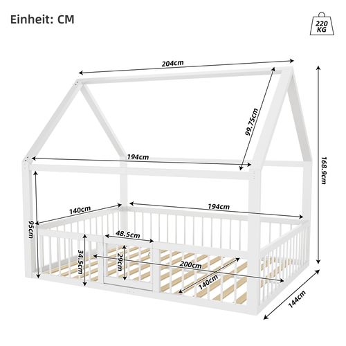 Lit Cabane 140x200 Cm Avec Design Simple, Garde-corps, Cadre Robuste, En Métal, Blanc