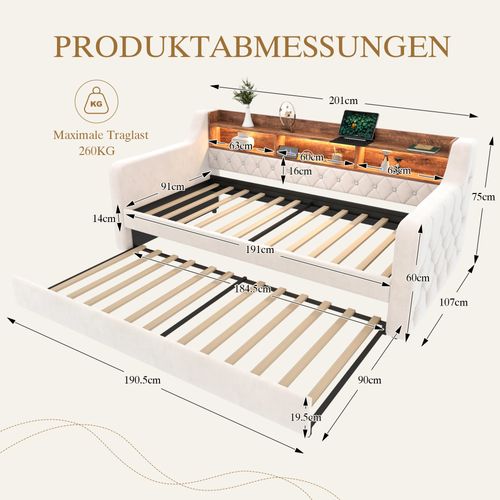 Lit Gigogne 90x190 Cm Avec LED, USB-c, 12 Lattes, Cadre Bois-métal Stable, En Velours, Beige