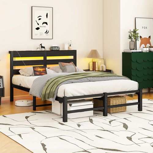 Lit Enfant 120x200 Cm Avec Éclairage LED, USB, Espace De Rangement, En Métal Et Bois, Noir