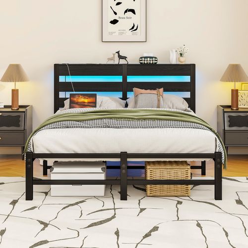 Lit Enfant 120x200 Cm Avec Éclairage LED, USB, Espace De Rangement, En Métal Et Bois, Noir