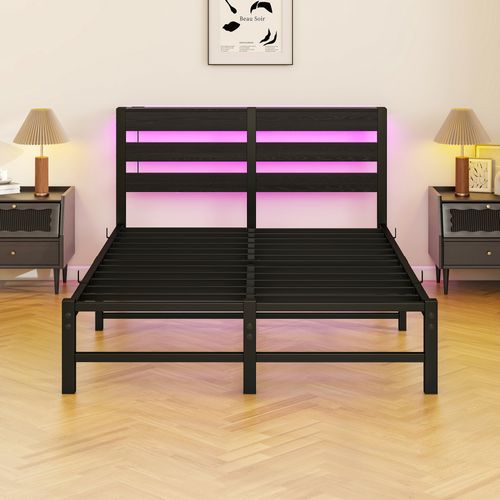Lit Enfant 120x200 Cm Avec Éclairage LED, USB, Espace De Rangement, En Métal Et Bois, Noir