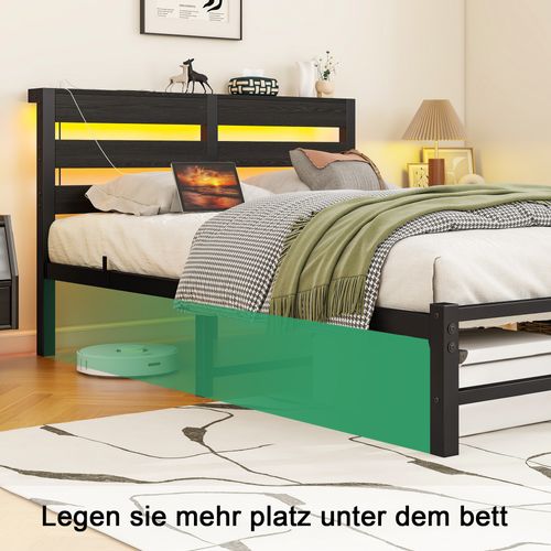 Lit Enfant 120x200 Cm Avec Éclairage LED, USB, Espace De Rangement, En Métal Et Bois, Noir