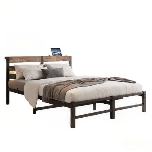 Lit Adulte 140x200 Cm Avec Éclairage LED, USB, Rangement, En Métal Et Bois, Noir Et Marron