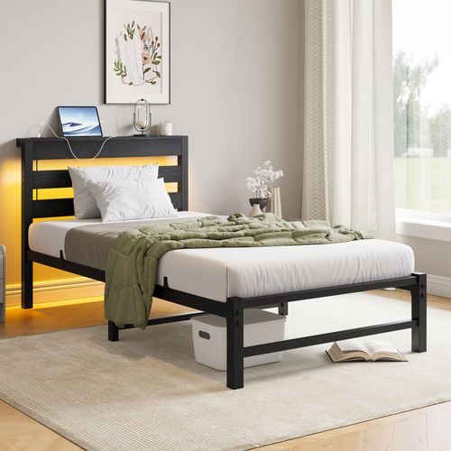 Lit Enfant 90x200 Cm Avec Éclairage LED, USB, Espace De Rangement, En Métal Et Bois, Noir