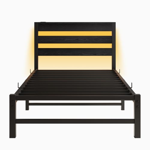 Lit Enfant 90x200 Cm Avec Éclairage LED, USB, Espace De Rangement, En Métal Et Bois, Noir