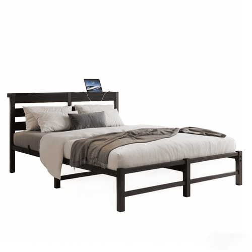 Lit Adulte 140x200 Cm Avec Éclairage LED, USB, Rangement, En Métal Et Bois, Noir