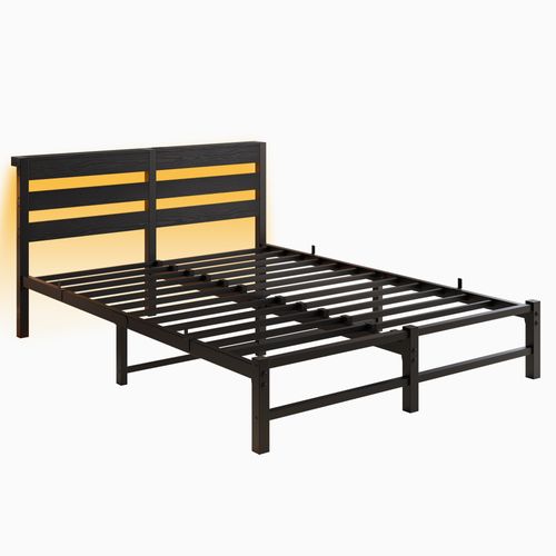 Lit Adulte 140x200 Cm Avec Éclairage LED, USB, Rangement, En Métal Et Bois, Noir