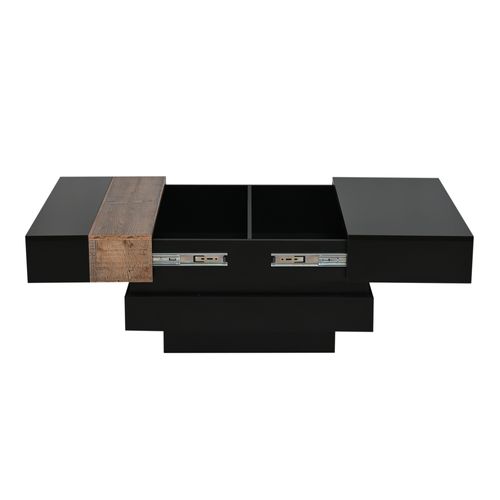Table Basse Carrée Extensible 70x70x39 Cm Avec Rangement Caché, En Mdf, Noire