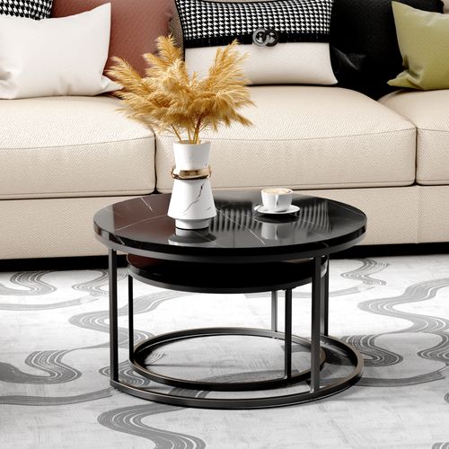 Table Basse Gigogne Ronde, Ensemble De 2, 80x80x45/60x60x33.5 Cm, Placage De Marbre Mdf, Noir