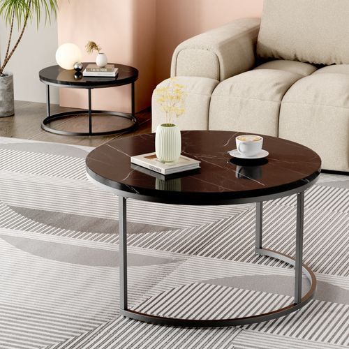 Table Basse Gigogne Ronde, Ensemble De 2, 80x80x45/60x60x33.5 Cm, Placage De Marbre Mdf, Noir