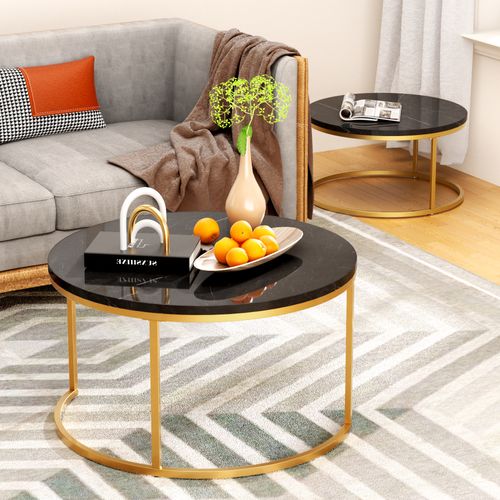 Table Basse Gigogne Ronde, Ensemble De 2, 80x80x45/60x60x33.5 Cm, Placage De Marbre Mdf, Noir+doré