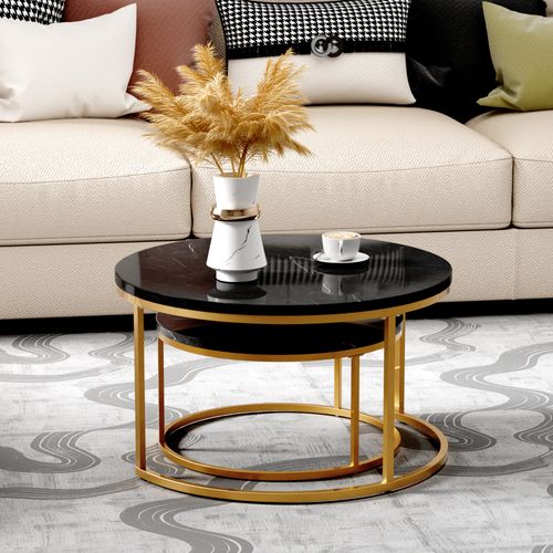 Table Basse Gigogne Ronde, Ensemble De 2, 80x80x45/60x60x33.5 Cm, Placage De Marbre Mdf, Noir+doré