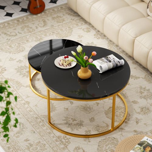 Table Basse Gigogne Ronde, Ensemble De 2, 80x80x45/60x60x33.5 Cm, Placage De Marbre Mdf, Noir+doré