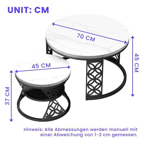 Table Basse Gigogne Ronde, Ensemble De 2, 70x70x45/45x45x37 Cm, Placage De Marbre , Blanc+ Noir