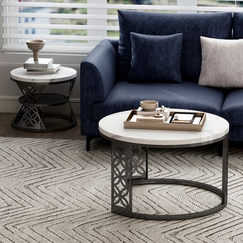 Table Basse Gigogne Ronde, Ensemble De 2, 70x70x45/45x45x37 Cm, Placage De Marbre , Blanc+ Noir