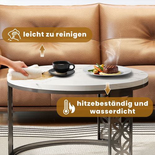 Table Basse Gigogne Ronde, Ensemble De 2, 70x70x45/45x45x37 Cm, Placage De Marbre , Blanc+ Noir