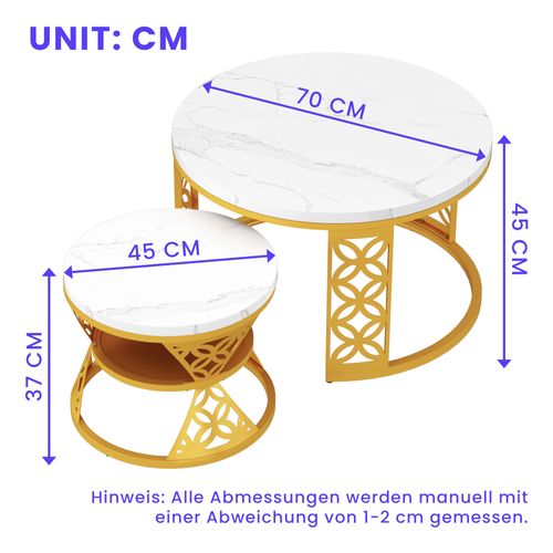Table Basse Gigogne Ronde, Ensemble De 2, 70x70x45/45x45x37 Cm, Placage De Marbre , Blanc+ Doré