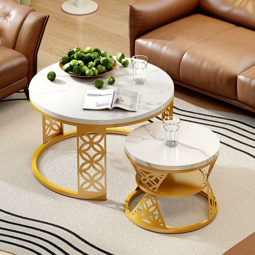 Table Basse Gigogne Ronde, Ensemble De 2, 70x70x45/45x45x37 Cm, Placage De Marbre , Blanc+ Doré