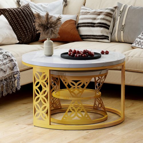 Table Basse Gigogne Ronde, Ensemble De 2, 70x70x45/45x45x37 Cm, Placage De Marbre , Blanc+ Doré