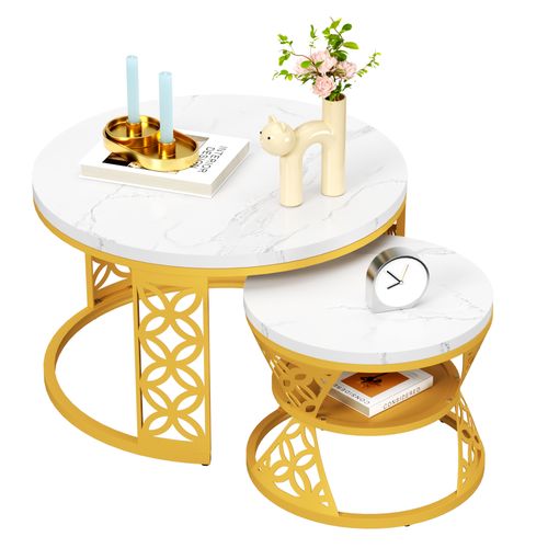 Table Basse Gigogne Ronde, Ensemble De 2, 70x70x45/45x45x37 Cm, Placage De Marbre , Blanc+ Doré
