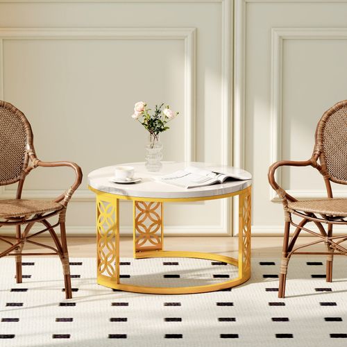 Table Basse Gigogne Ronde, Ensemble De 2, 70x70x45/45x45x37 Cm, Placage De Marbre , Blanc+ Doré