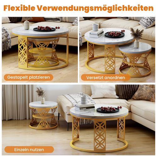 Table Basse Gigogne Ronde, Ensemble De 2, 70x70x45/45x45x37 Cm, Placage De Marbre , Blanc+ Doré
