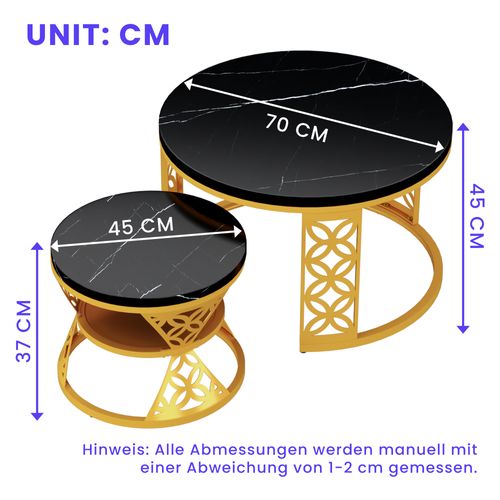 Table Basse Gigogne Ronde, Ensemble De 2, 70x70x45/45x45x37 Cm, Placage De Marbre , Noir + Doré