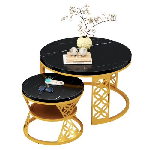 Table Basse Gigogne Ronde, Ensemble De 2, 70x70x45/45x45x37 Cm, Placage De Marbre , Noir + Doré