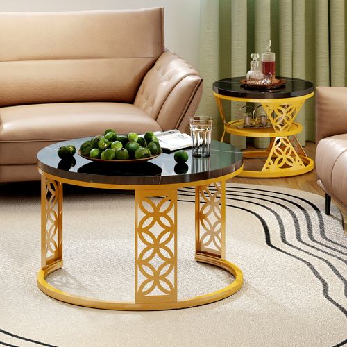 Table Basse Gigogne Ronde, Ensemble De 2, 70x70x45/45x45x37 Cm, Placage De Marbre , Noir + Doré