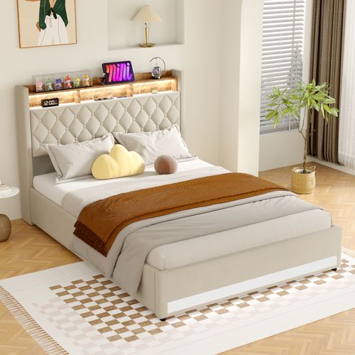 Lit Coffre Adulte 160x200cm, Avec Éclairage LED, Port USB Et Prise Électrique, Velours, Beige
