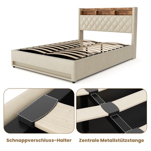 Lit Coffre Adulte 160x200cm, Avec Éclairage LED, Port USB Et Prise Électrique, Velours, Beige
