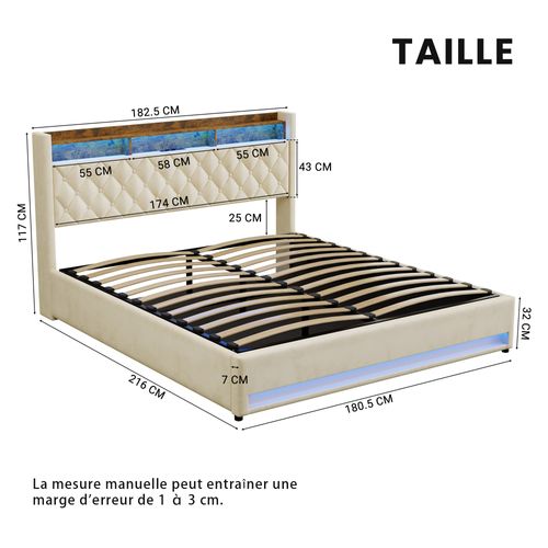 Lit Coffre Adulte 180 X 200 Cm, Lit Double Avec LED Et USB, Velours, Beige, Sans Matelas