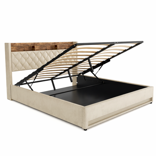 Lit Coffre Adulte 180 X 200 Cm, Lit Double Avec LED Et USB, Velours, Beige, Sans Matelas