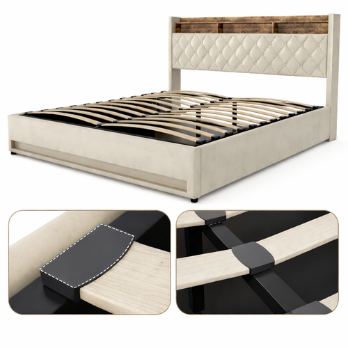 Lit Coffre Adulte 180 X 200 Cm, Lit Double Avec LED Et USB, Velours, Beige, Sans Matelas