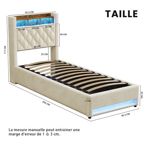 Lit Coffre Enfant 90X190 Cm, Lit Simple Avec LED Et USB, Velours, Beige