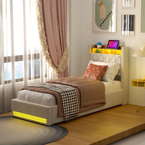 Lit Coffre Enfant 90X190 Cm, Lit Simple Avec LED Et USB, Velours, Beige