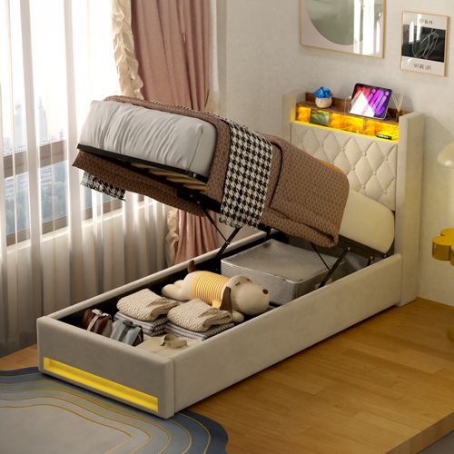Lit Coffre Enfant 90X190 Cm, Lit Simple Avec LED Et USB, Velours, Beige