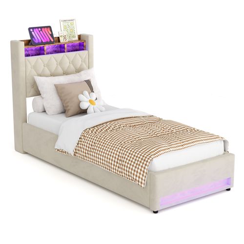 Lit Coffre Enfant 90X190 Cm, Lit Simple Avec LED Et USB, Velours, Beige