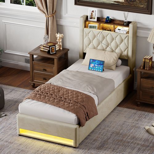 Lit Coffre simple 90X200 Cm, Lit Simple Avec LED Et USB, Velours hollandais, Beige