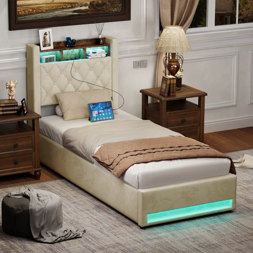 Lit Coffre simple 90X200 Cm, Lit Simple Avec LED Et USB, Velours hollandais, Beige