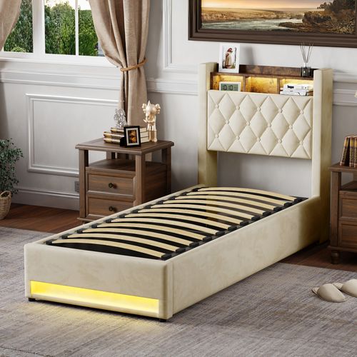 Lit Coffre simple 90X200 Cm, Lit Simple Avec LED Et USB, Velours hollandais, Beige
