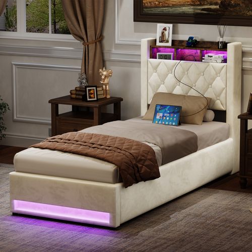 Lit Coffre simple 90X200 Cm, Lit Simple Avec LED Et USB, Velours hollandais, Beige