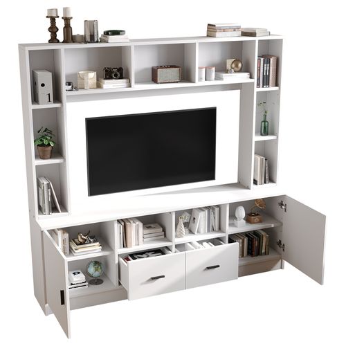 Meuble TV 180 Cm 2 Portes, 2 Tiroirs Et 11 Compartiments, Blanc Panneaux Particules, Téléviseurs 60″
