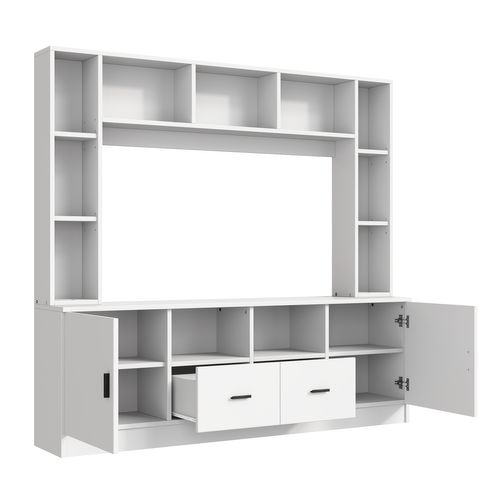 Meuble TV 180 Cm 2 Portes, 2 Tiroirs Et 11 Compartiments, Blanc Panneaux Particules, Téléviseurs 60″