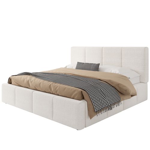 Lit coffre hydraulique 180 x 200 cm en bouclé beige avec sommier et grand espace de rangement
