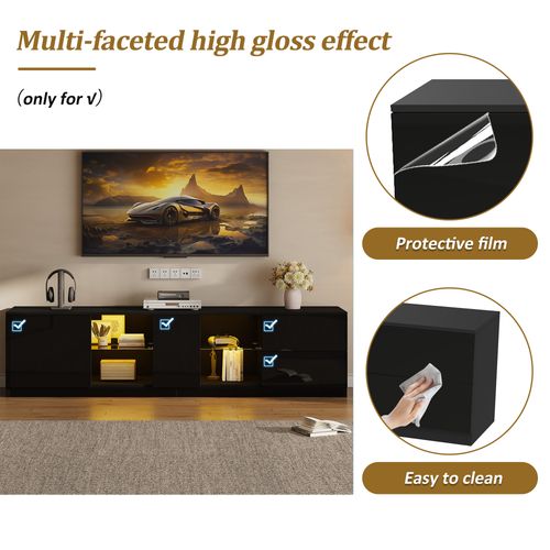 Meuble TV 160cm LED 16 Couleurs 2 Tiroirs Façade Noir Brillant Mdf