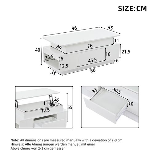 Table Basse Relevable 96x45x40 Cm Avec 1 Tiroir, LED, Rangement Caché, En Panneaux Particules, Blanc