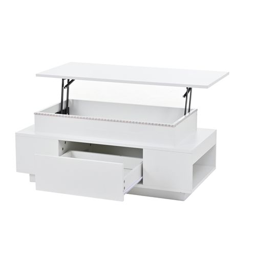 Table Basse Relevable 96x45x40 Cm Avec 1 Tiroir, LED, Rangement Caché, En Panneaux Particules, Blanc