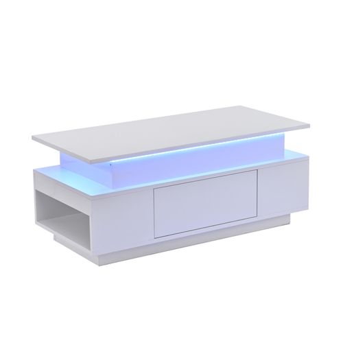 Table Basse Relevable 96x45x40 Cm Avec 1 Tiroir, LED, Rangement Caché, En Panneaux Particules, Blanc