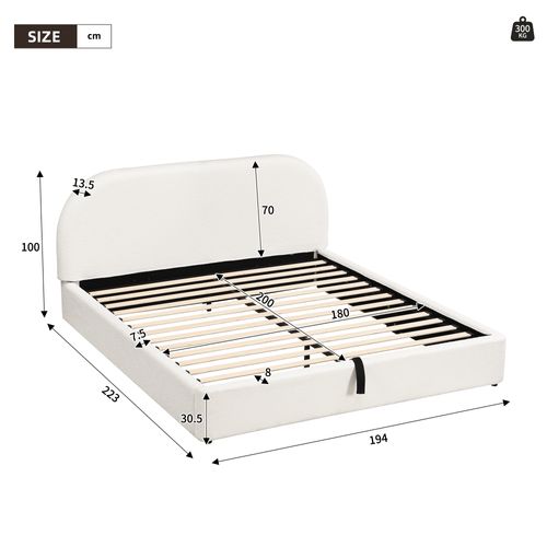 Lit coffre adulte 180x200 cm avec tête de lit et grand rangement, bouclé beige